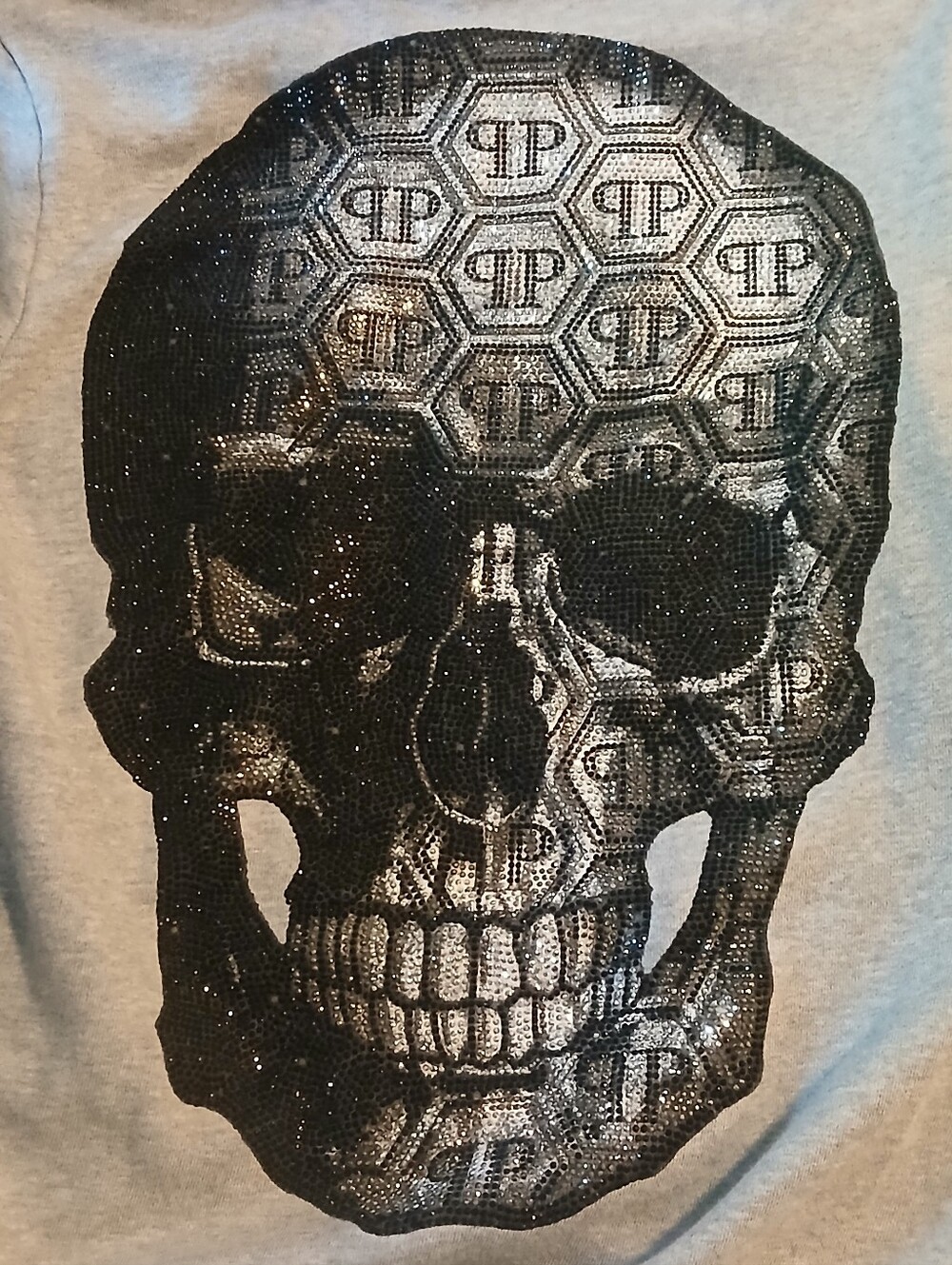 Philipp Plein Gray Hoodie with Black Sequin Skull